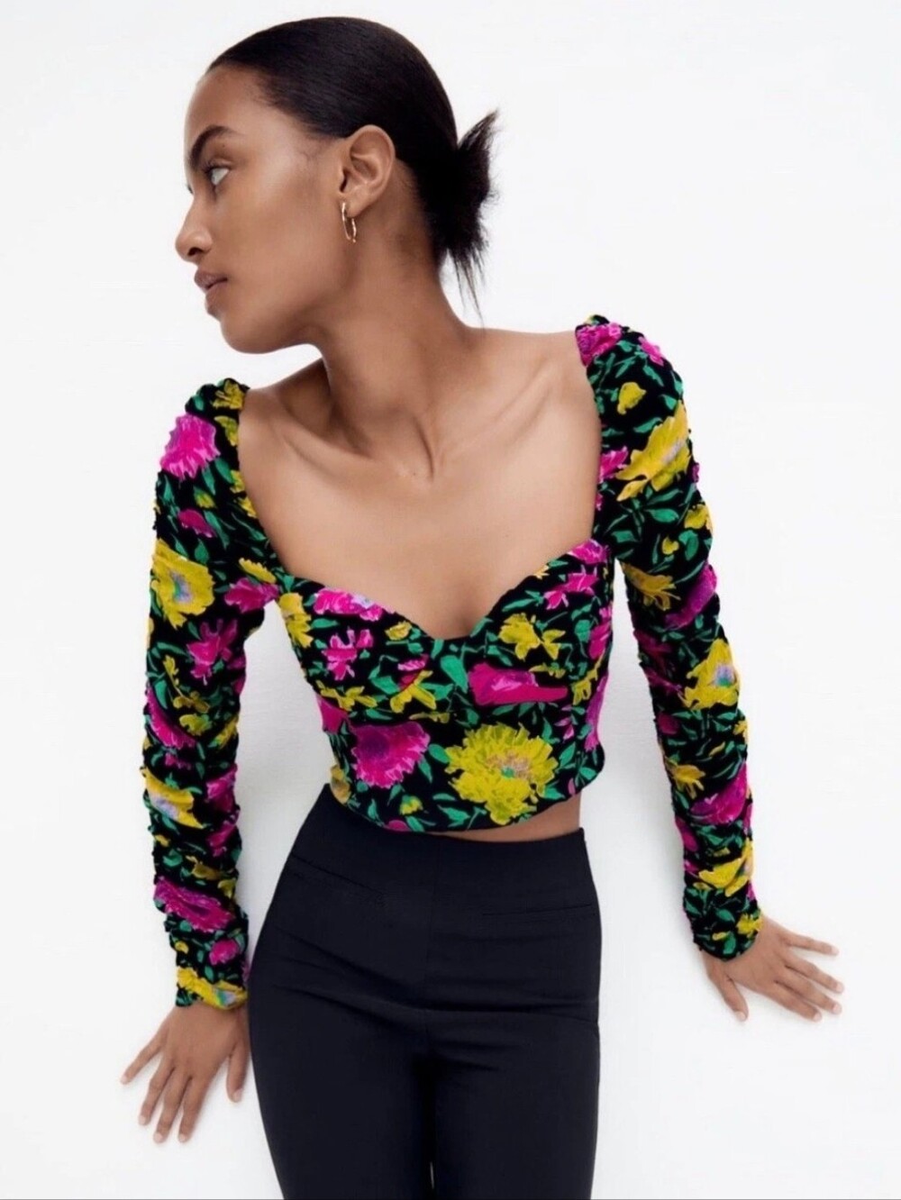 NWOT Zara M Romantic Coquette Girl Feminine Floral Ruched Sweetheart Crop Top - Picture 1 of 15